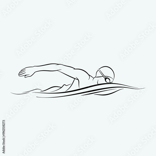Minimalist swimmer line art vector, professional athlete swimming freestyle in water, competitive swimmer silhouette for sports branding and logos