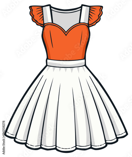 Stylish Orange and White Dress Illustration, Fashionable Summer Outfit with Ruffled Sleeves and Pleated Skirt, Trendy Apparel Design