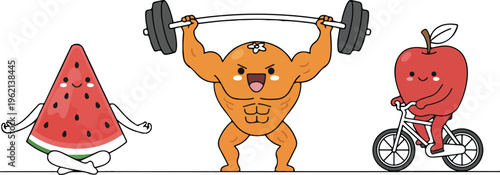 Fruit fitness characters featuring watermelon meditating orange lifting weights and apple riding bicycle vector.