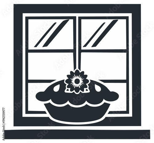 Simple black and white vector icon of a homemade pie with a flower cooling on a windowsill