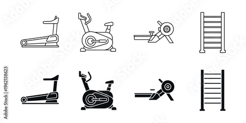Gym equipment illustrations including treadmills and exercise bikes