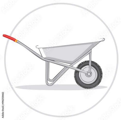 Illustration of a wheelbarrow with a red handle inside a white circle.