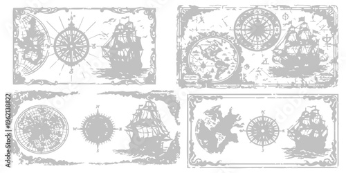 Set of vintage nautical map designs with antique sailing ships and compass rose illustrations