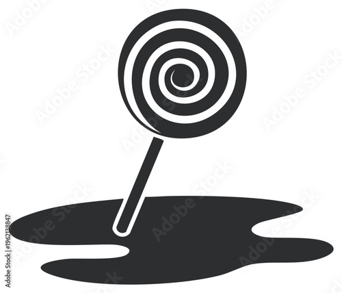 Swirl lollipop melting in a puddle isolated on white background abstract concept