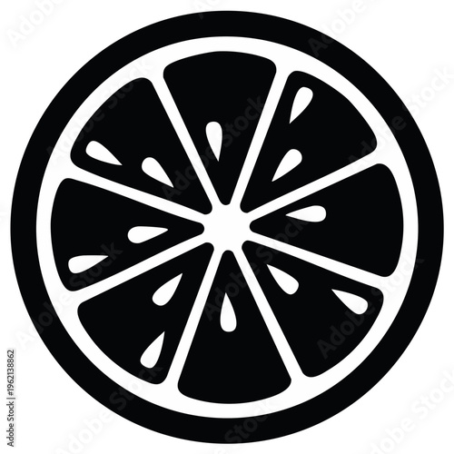 Bold monochrome citrus fruit slice graphic with visible segments and small seeds