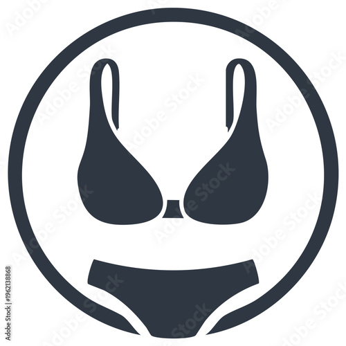 Dark blue swimsuit bikini top and bottom icon minimalist design in a circle