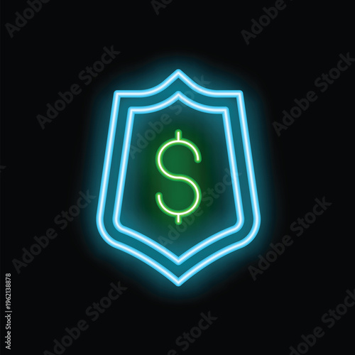 Glowing neon shield protecting dollar sign, a concept for financial security and protection