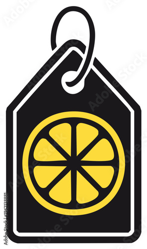 Graphic Black Tag with Bright Yellow Stylized Lemon Slice Illustration