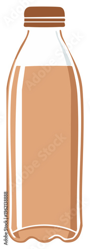 Glass bottle filled with light brown liquid and a brown screw cap viewed from the front