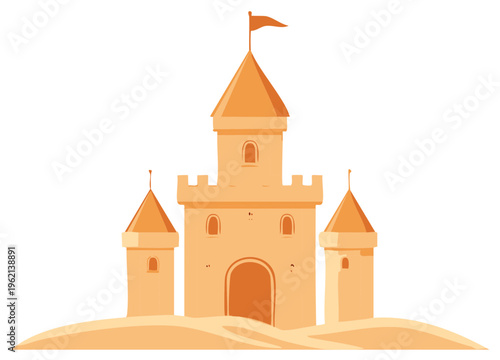 Sandcastle Vector Illustration with Flag on Top of the Tower on White Background