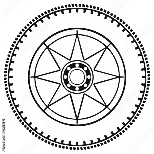 Vector drawing of a wheel with compass rose design