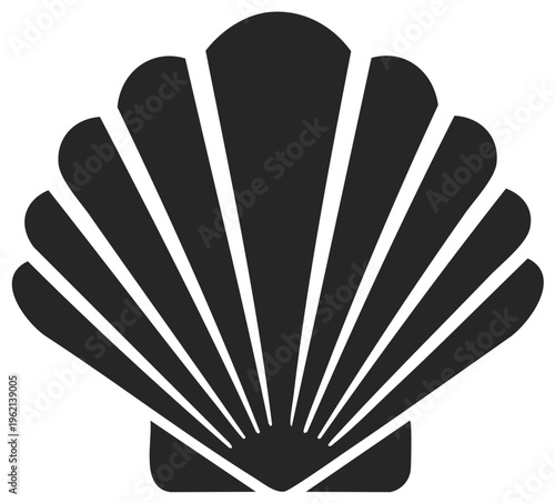 Black seashell illustration on a white background. Simple flat design concept.