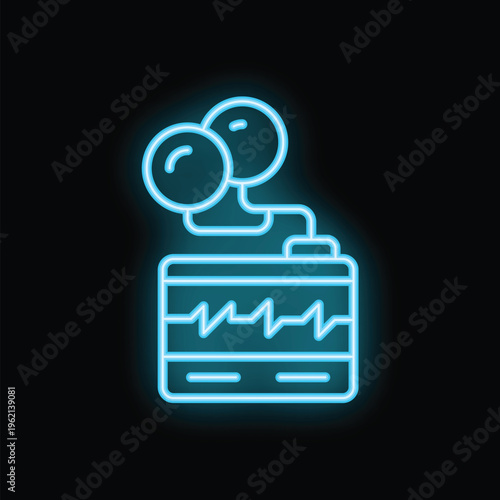 Glowing neon icon of a medical device measuring blood pressure with a heartbeat line on a black background