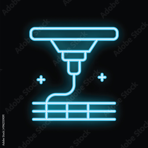 Glowing blue neon icon of a 3d printer creating an object layer after layer