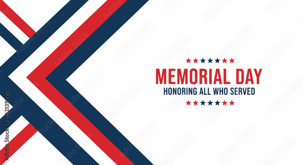 Fototapeta premium Abstract red, white, and blue geometric design with text 'Memorial Day', minimalistic style, concept for patriotic greetings, remembrance campaigns, and veteran appreciation.