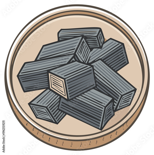 Pile of charcoal briquettes in round container, vector illustration for barbeque grilling