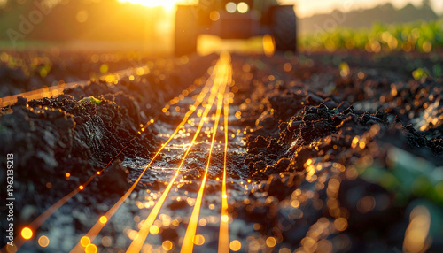 Abstract precision agriculture concept featuring a tractor in a plowed field at sunset with a glowing digital network grid embedded in the soil representing data-driven farming and agrotech