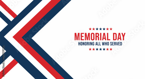 Abstract red, white, and blue geometric design with text 'Memorial Day', minimalistic style, concept for patriotic greetings, remembrance campaigns, and veteran appreciation.