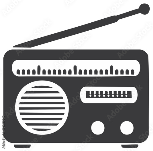 Retro classic portable radio receiver with antenna and speaker black silhouette design