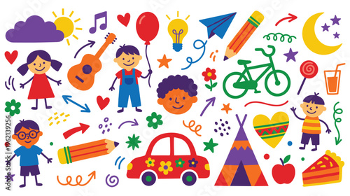 Colorful doodle elements for kids happy childhood theme.