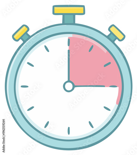 Illustration of a light blue stopwatch marking a 15-minute time interval with a cartoon style aesthetic and pastel colors