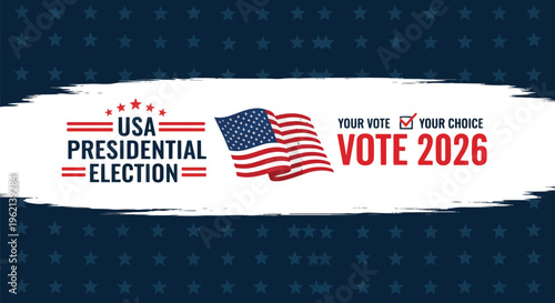 American flag waving, vibrant stars and stripes USA presidential election graphic, concept for voting campaigns, patriotic promotions and election day advertising.