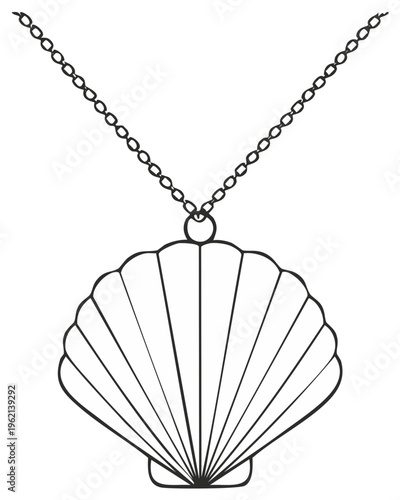 Shell pendant illustration graphic with chain necklace. Outline drawing jewelry.  Oceanic or seaside symbol for design isolated in minimalism style.