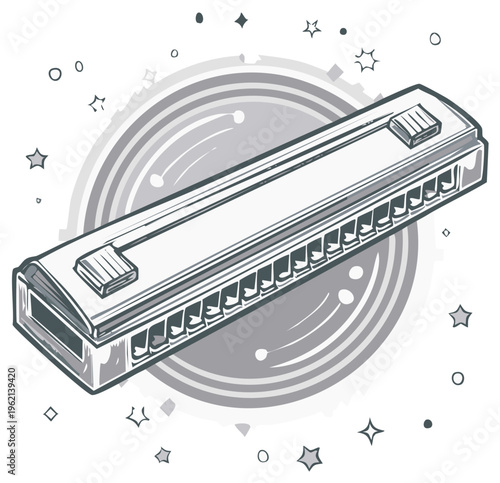 Musical Instrument Harmonica with Abstract Starburst and Circles Illustration