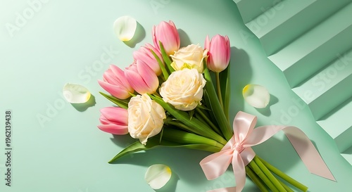 Bouquet of pink and white tulips on pastel green background with ribbon