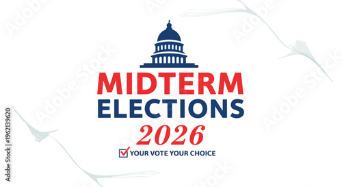 Capitol building silhouette above the words 'Midterm Elections 2026' with a checkmark and headline, ideal for political campaigns, voter education, and election coverage.