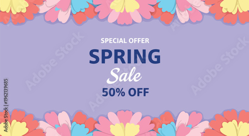 Colorful cartoon flowers bordering a lavender background displaying 'Spring Sale 50% Off,' suitable for seasonal promotions, online advertising, and retail flyers.