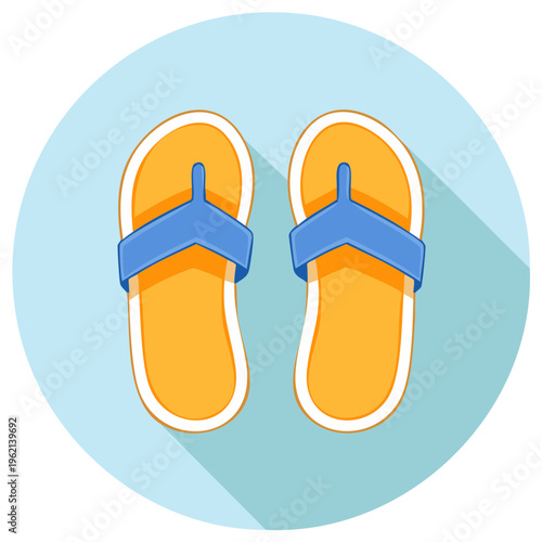 Top-down view of bright vector flip-flops featuring a blue strap, against a soft blue circle in summer holiday concept