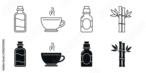 Black and white illustrations of various bottles and cups