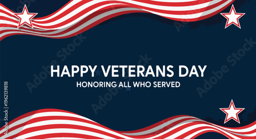 Dramatic patriotic image with waving American flag elements and stars against a dark blue background, suitable for veterans day greetings, military appreciation and national holiday promotions.