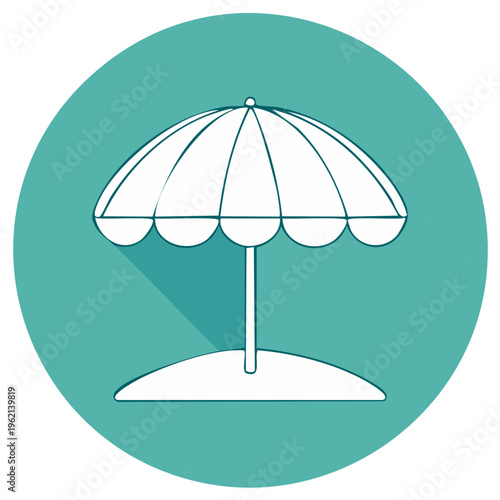 Illustration of a beach umbrella icon in a turquoise circle, long shadow, vector graphic