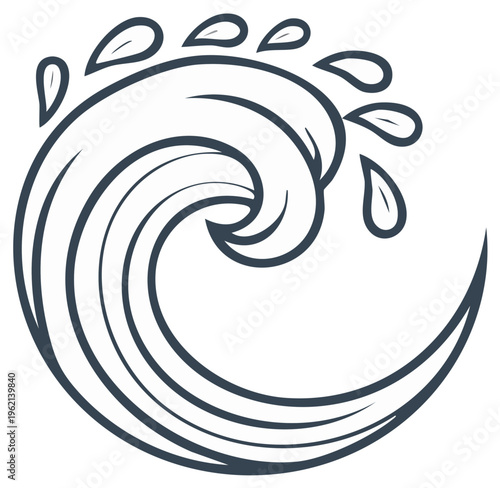 Stylized wave graphic with water drops, line art design.