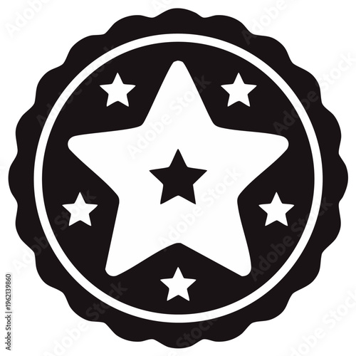 Premium quality star rating badge icon with central star and smaller surrounding stars in a circular frame.