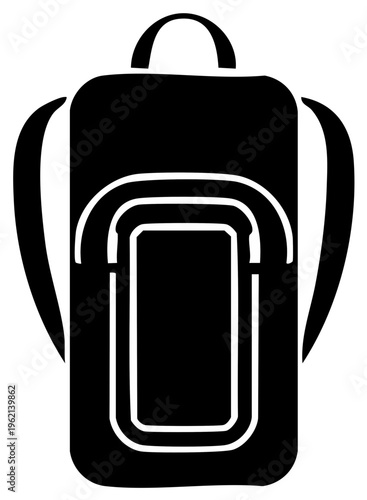 Black Bag Graphic Icon with Straps, Backpack Silhouette, Vector Illustration Style