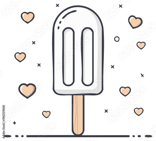 Adorable doodle style ice cream bar on a stick surrounded by floating hearts, a delightful summer treat.