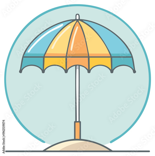Beach Umbrella Illustration, Summer Symbol, Vector Icon, Circle Design, Sand