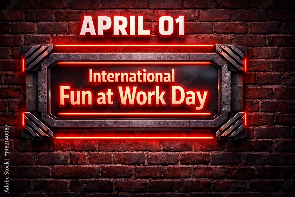 Obraz premium A neon sign on a brick wall advertising International Fun at Work Day