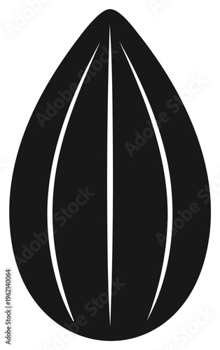 Black and white silhouette icon of a single plant seed or nut, minimalist graphic design element