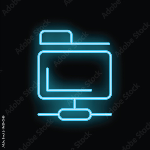 Blue neon icon of a desktop computer sharing files through a network