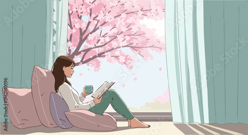 Cozy woman reading book by window with cherry blossom view, peaceful spring morning scene, flat vector illustration of relaxation and self-care