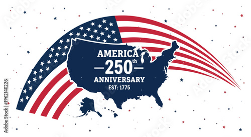 Patriotic depiction of US flag arc around the map of states, commemorating 250th anniversary, perfect for historical events, national holidays and patriotic promotion.