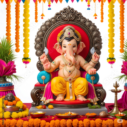 AI Generated Illustration for Happy Ganesh Chaturthi Festival for Invitation, is one of the best-known and most worshiped god in the Hindu religion lord Ganesha of Indian wedding festival tradition