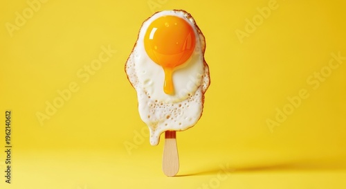 Fried egg on a stick against yellow background food photography concept
