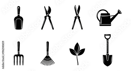 Gardening Tools Set Icon Collection: Shovel, Rake, Pruners, Watering Can, Fork, Leaf