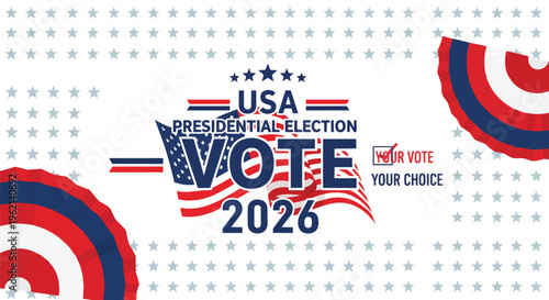 Patriotic design with USA flag elements voting theme and star pattern, white background, suitable for political campaigns, election promotions, and civic engagement.