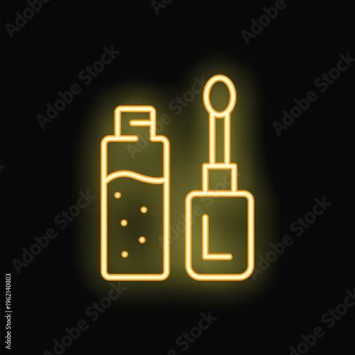 Neon sign of lip gloss with applicator brush glowing yellow on black background